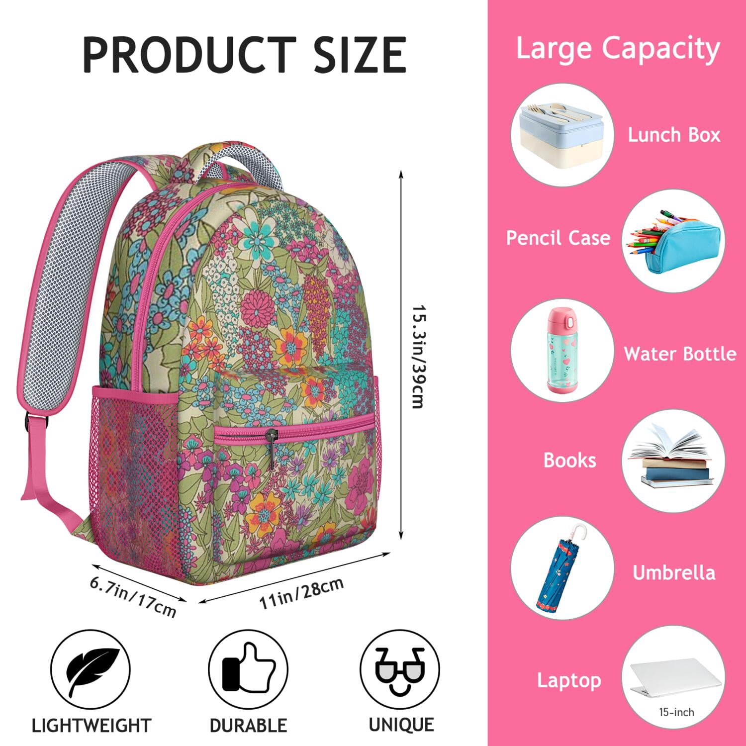 Nature Inspired Floral Print Bookbag - Waterproof Stylish Backpack for Commuters