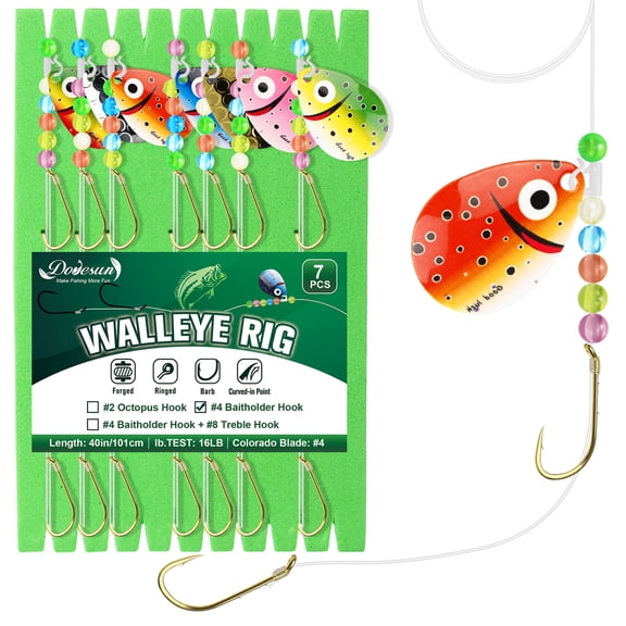 7 Pack Walleye Spinner Rig Kit 16lb Fluorocarbon with #4 Baitholder Hooks Glow Beads & Blades