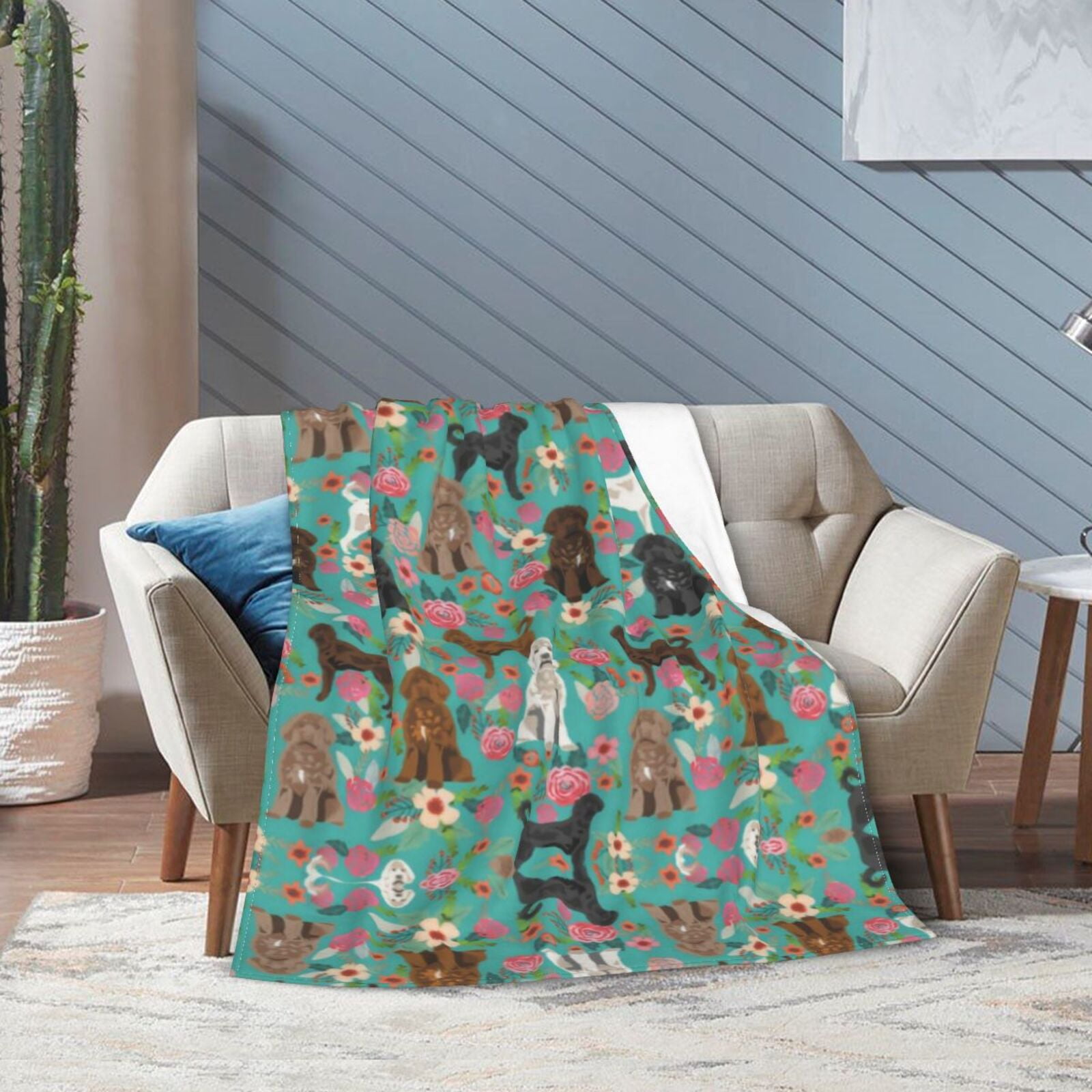 Wijzvio Labradoodle Dogs Lovers Flower Floral Throw Blanket Soft Fuzzy Fleece Blanket For Couch Bed Living Room Decoration 80"X60"