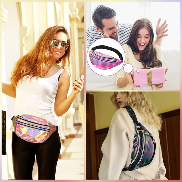 2 Pieces Holographic Fanny Pack Hologram PU Waist Pack Waterproof Shiny Waist Bag Laser Waist Bum Bag Adjustable Belt Metallic Color Sport Waistbag Fashion Rave Waist Bag Shiny Silver and Black Walmar...
