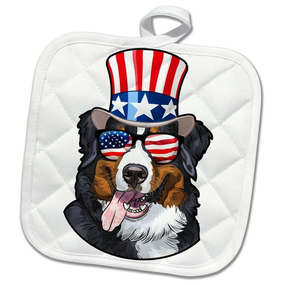 3dRose, Burmese Mountain Dog With American Flag Sunglasses and Top hat, 8x8 Potholder