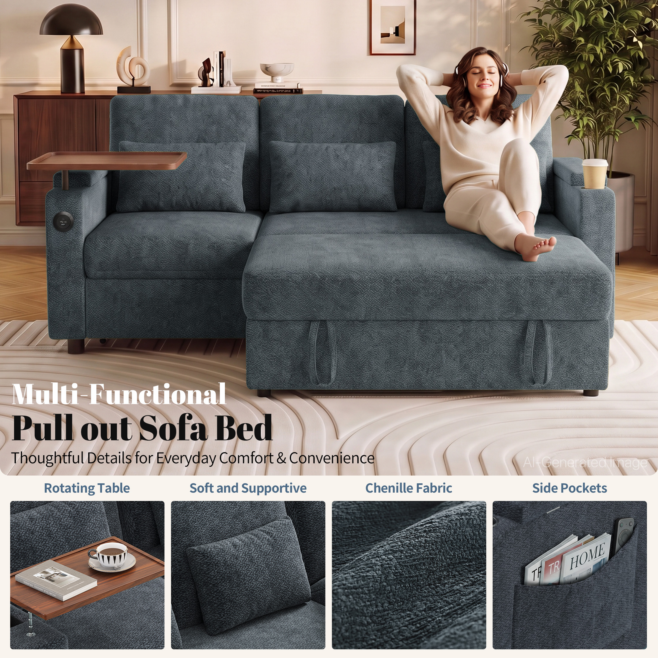 Aenkyo 81" 3-in-1 Convertible Sleeper Sofa with Pull Out Bed and Recliner, Adjustable Backrest, Blue