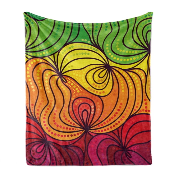 Abstract Soft Flannel Fleece Blanket, Colorful Tangled Lines Abstract Leaves Design with Various Size Dots Lively Colors, Cozy Plush for Indoor and Outdoor Use, 70" x 90", Multicolor, by Ambesonne