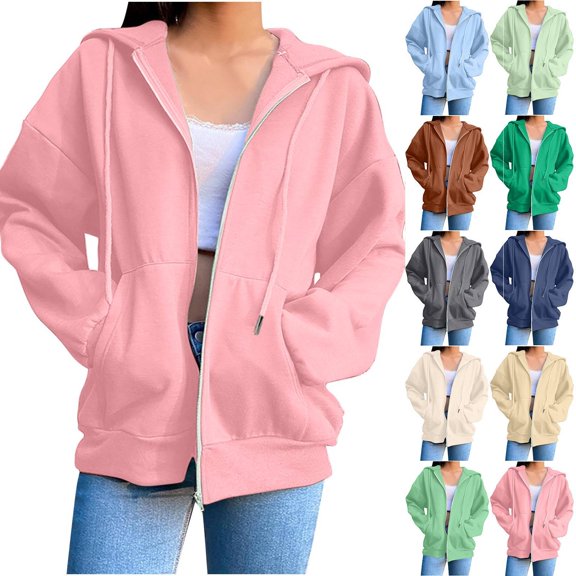 Womens Zip Up Hoodies 2026 Y2K Casual Long Sleeve Zipper Sweatshirts Fall Winter Trendy Track Jackets With Pockets Pink S