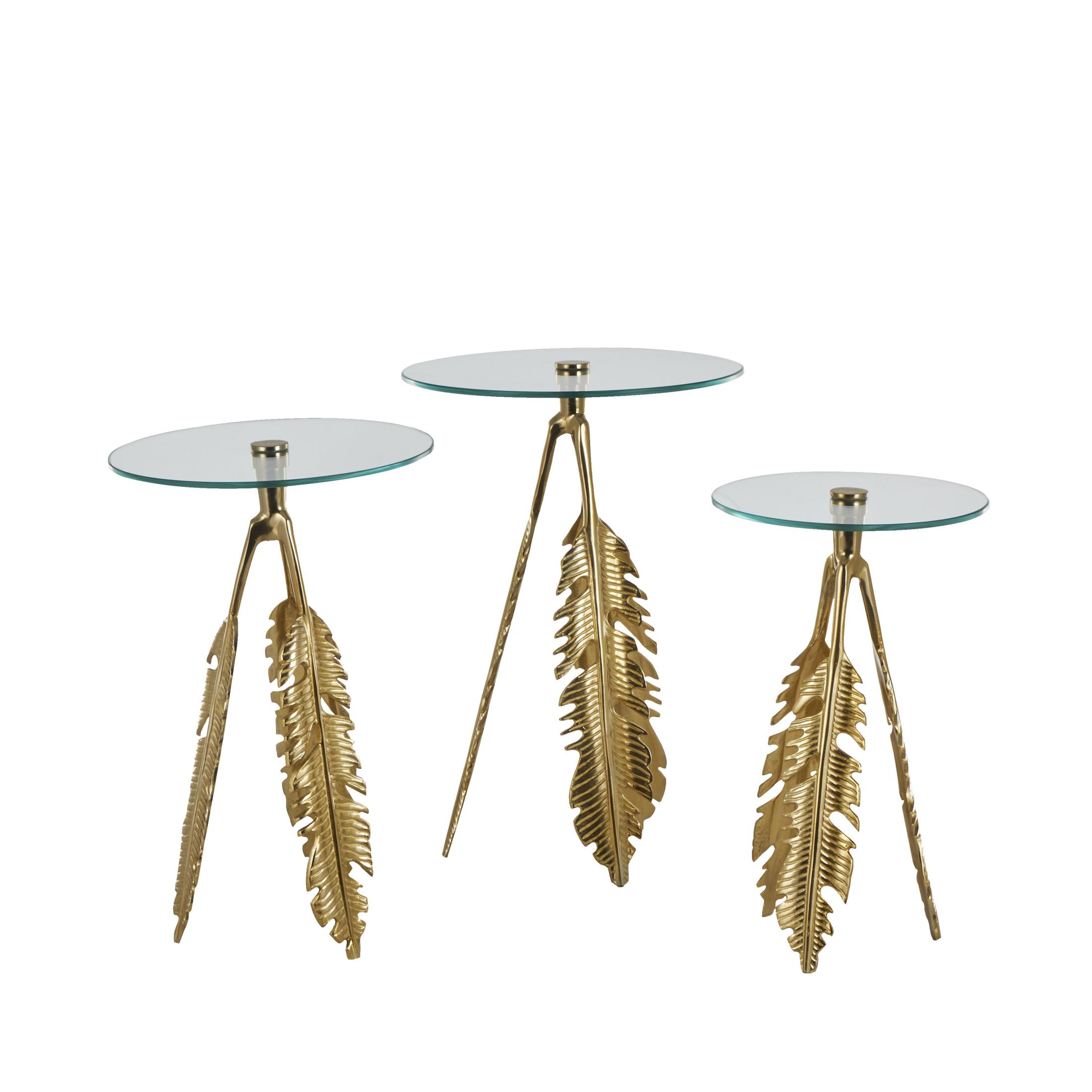 DecMode 16" x 24" Gold Aluminum Metal Leaf Accent Table with Tripod Legs and Tempered Glass Top, 3-Pieces