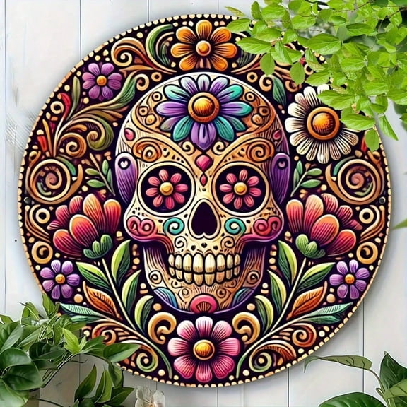 HELLOYOUNG Day of The Dead Metal Sugar Skull Sculpture, Round Wall Art for Living Room Bedroom Bar Cafe, Unique Random Hole Design Home Decor
