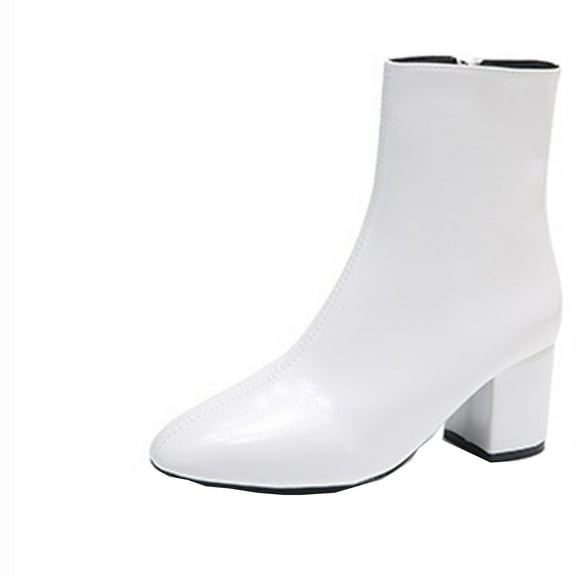 Jsaierl Women's GoGo Ankle Boots Chunky Block Heel Booties Mid Calf Low Heeled Short Booties Fashion Short Boots Side Zipper Boots