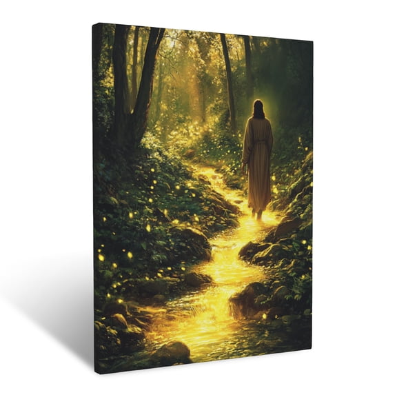 CozyNet Jesus Walking Beside A Glowing Stream In A Quiet, Peaceful Forest Wall Art Prints With Frame Canvas Perfect for Living Room & Bedroom, Ready to Hang, Wall Decor 12"x16"