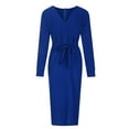 thumbnail image 6 of VSSSJ Women Plus Size Long Sleeve Belted Elegant Dresses Sexy V Neck Wrap Pure Color Split Party Cocktail Bodycon Midi Long Dress Blue XXXL, 6 of 7