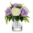 thumbnail image 3 of Enova Home 10 Heads Artificial Silk Rose Flowers in Clear Cylinder Glass Vase with Faux Water (Cream Purple), 3 of 4
