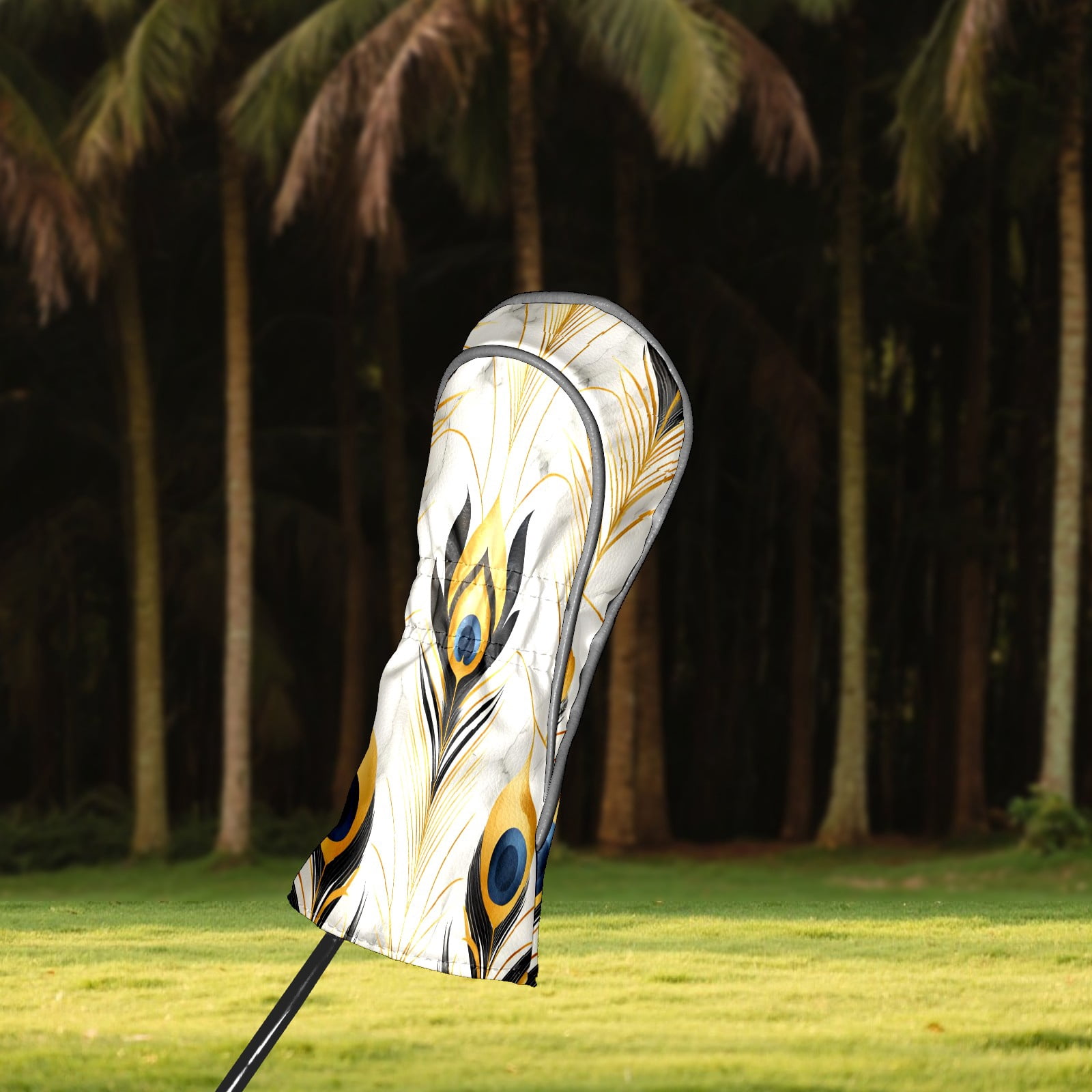 Golf Club Covers, White Gold Peacock Premium PU Leather Driver Hybrid Putter Head Covers with Velvet Lining, Waterproof Golf Gifts for Men Women