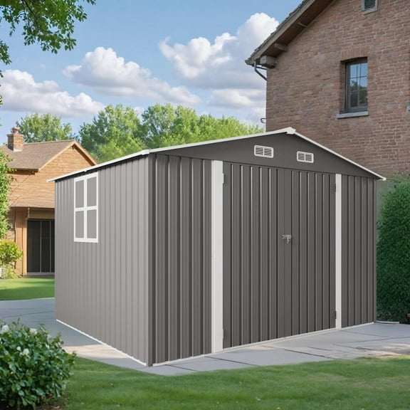 Outdoor Storage Shed 10 x 8 FT Outdoor Storage Shed, Large Metal Storage Shed, Lockable Door and Air Vent, Clear Window Garden Tool Shed for Bicycles, Tools, Lawnmowers, Backyards, Patios, Lawns - Gr