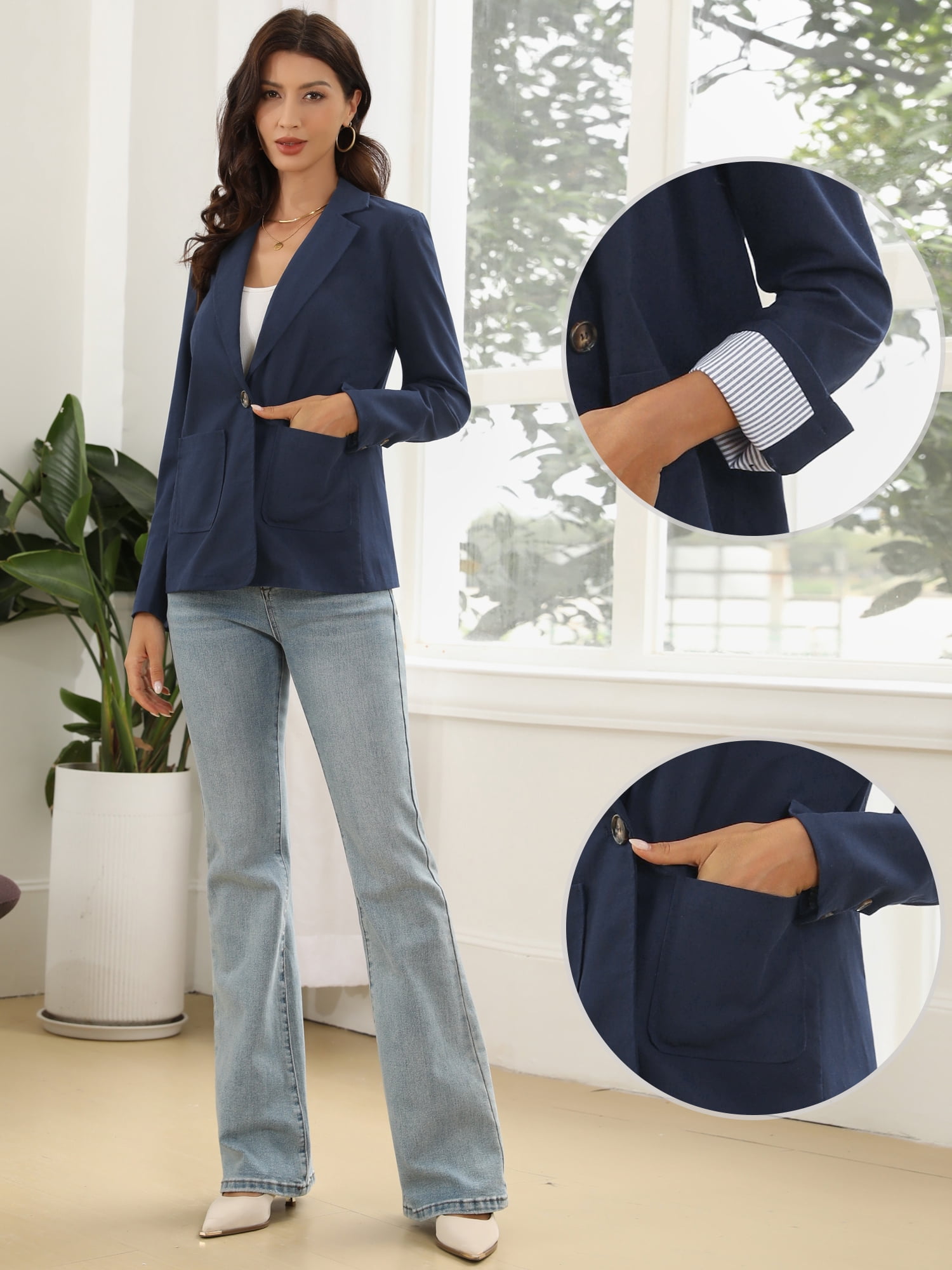 DARING DIVA Women's Business Casual One Button Cotton Linen Blazer Jacket XS Navy Blue