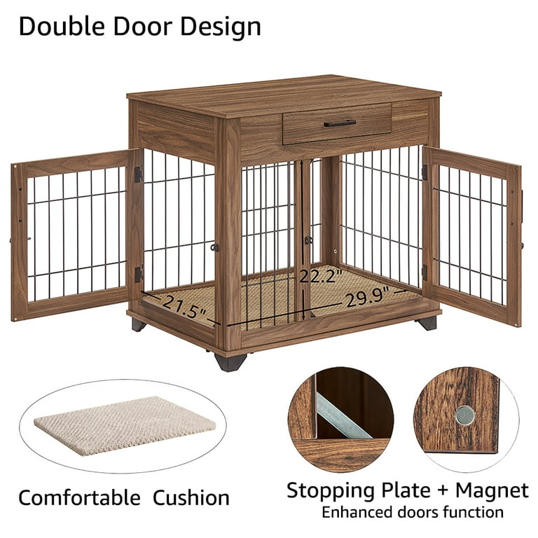 Wood+ Metal Furniture Style Pet Dog Crate with Storage Console End Table  Brown