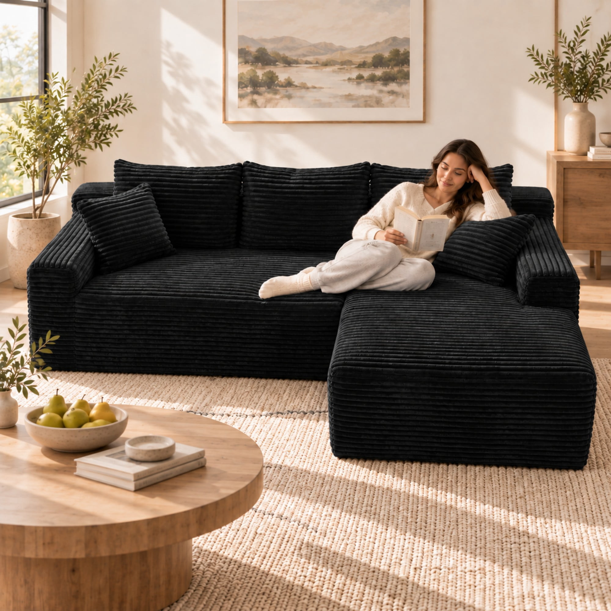 DEALTOPS 106" Corduroy L-Shape Sectional Sofa, Modular Floor Cloud Couch with Right Chaise, Black