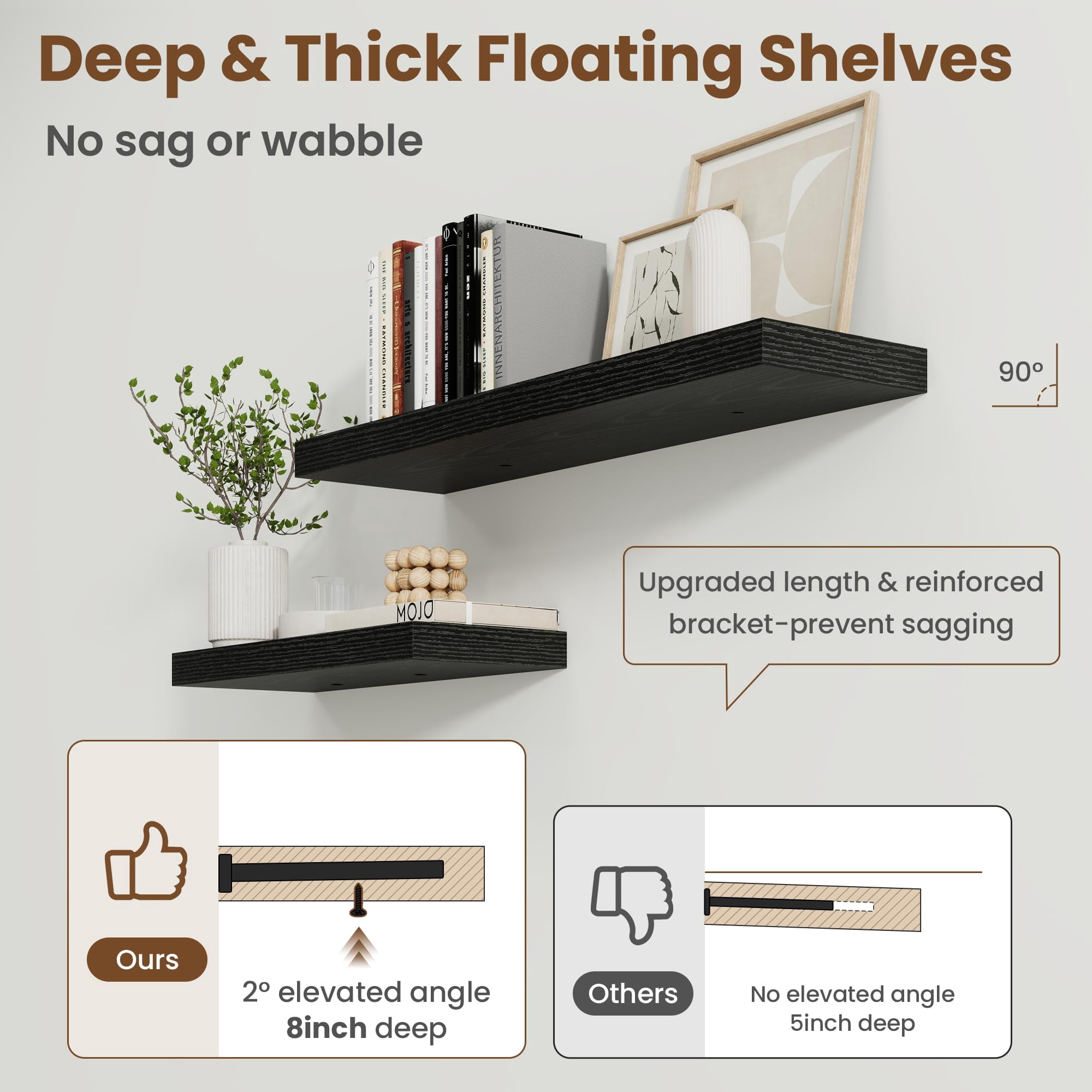 30 Inch Floating Shelves For Wall  8 Deep Shelf Storage & Display Rustic Mounted With Invisible Brackets Living Room Kitchen Bathroom Home Decor Set Of 2 Black