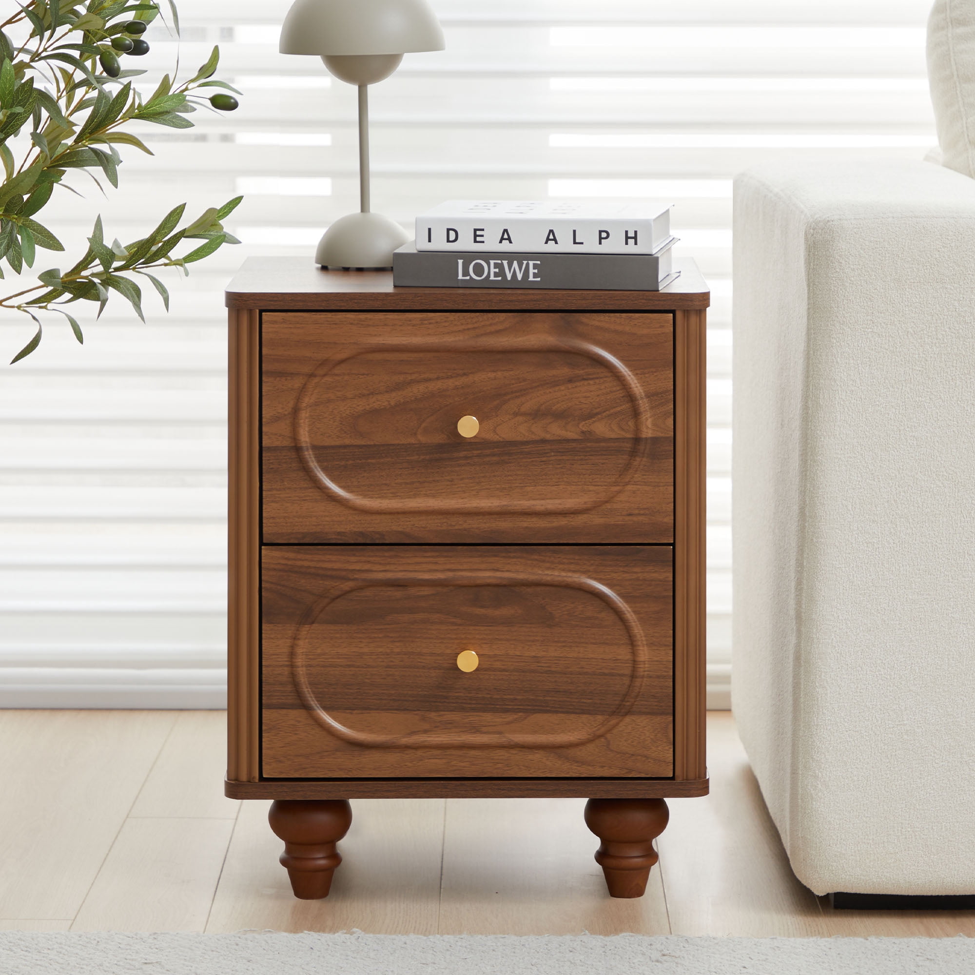Wirrytor 2-Drawer Fluted Nightstand Set of 2, Mid-Century  Bedside Table , Night Stands for Bedroom, Sofa Side End Table with Drawers for Small Spaces (Walnut)