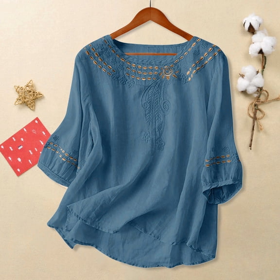 Embroidered 3/4 Sleeve Boho Tops Linen Clothing For Women Summer Blouses For Women Summer Linen Tops Peasant Blouse Linen T Shirts For Women Loose Fit Tee Shirt Women Beach Vacation Tshirts Blue 2XL