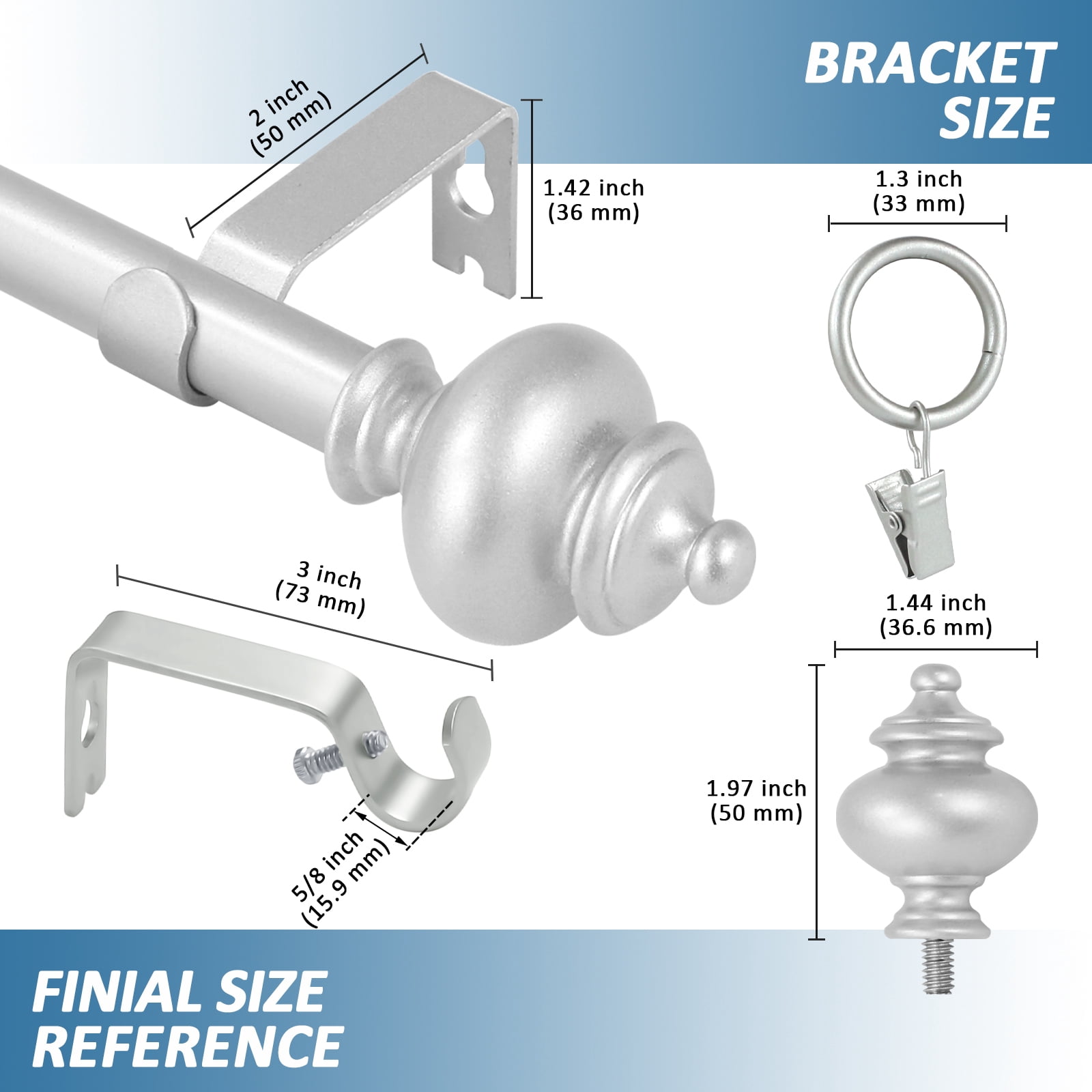 Urbanest Round Urn Single Curtain Rod Set, 5/8", 28-48", Pewter