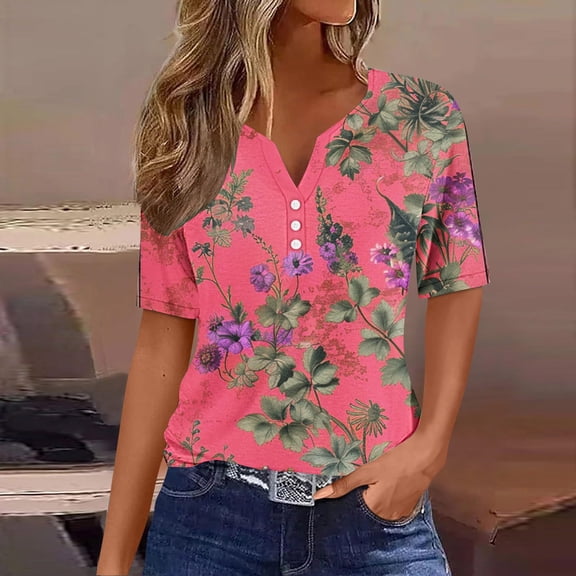 ALLLIST Womens Tops Henley Summer Short Sleeve T-Shirts Pink Casual Electrocardiogram Shirts Womens Clothing