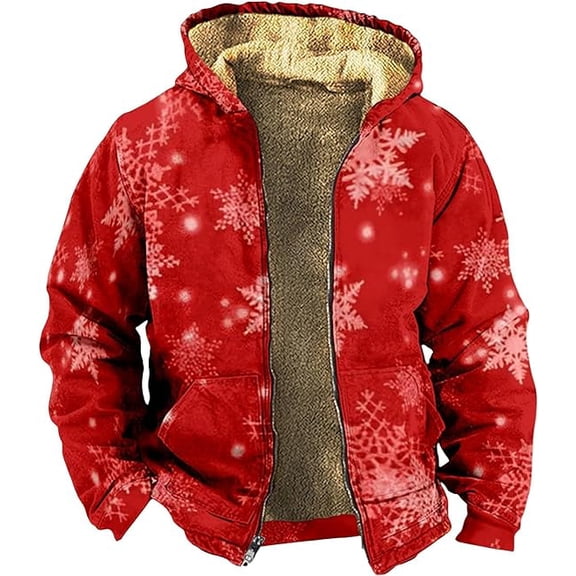Men's Christmas Reindeer Graphic Full Zip Hooded Fleece Jacket Casual Cotton Blend Big & Tall Warm Hoodie With Pockets