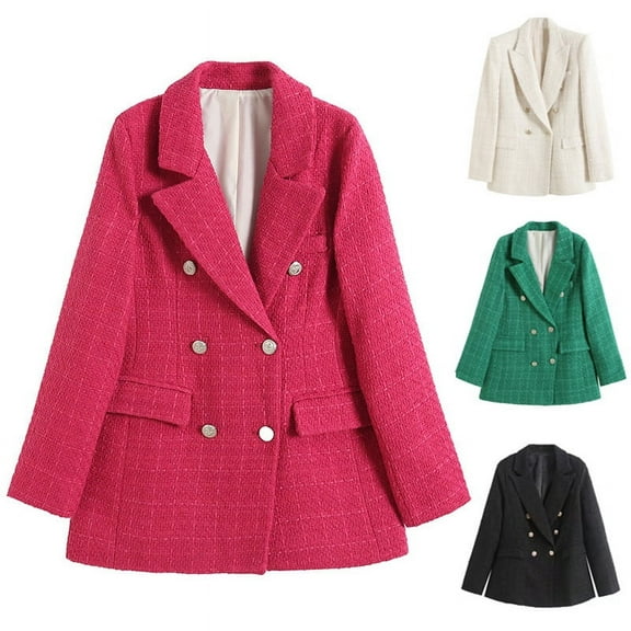 Dazajoo Womens Tweed Blazers Casual Long Sleeve Double Breasted Open Front Blazer Jackets Suits Jackets for Women 2024,Green,M