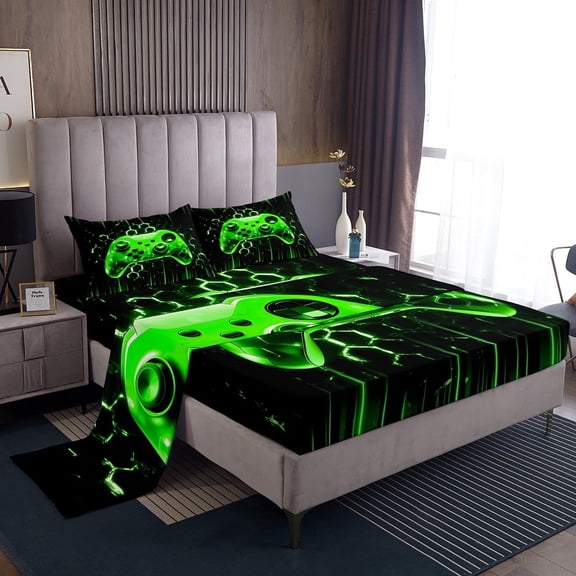 Erosebridal Video Game Theme Bed Sheets Twin , Gradient Green Gamepad Bedding Sets Twin Size, Neon Green Light Bedroom Decor 3pcs