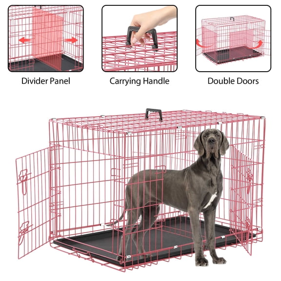 YRLLENSDAN 48 inch Dog Crate, Dog Crates and Kennels for Big Dog Foldable Large Dog Crate for Large Dogs with Handle Double-Door Outdoor Metal Wire Dog Cage with Plastic Tray for Medium Dogs, Pink