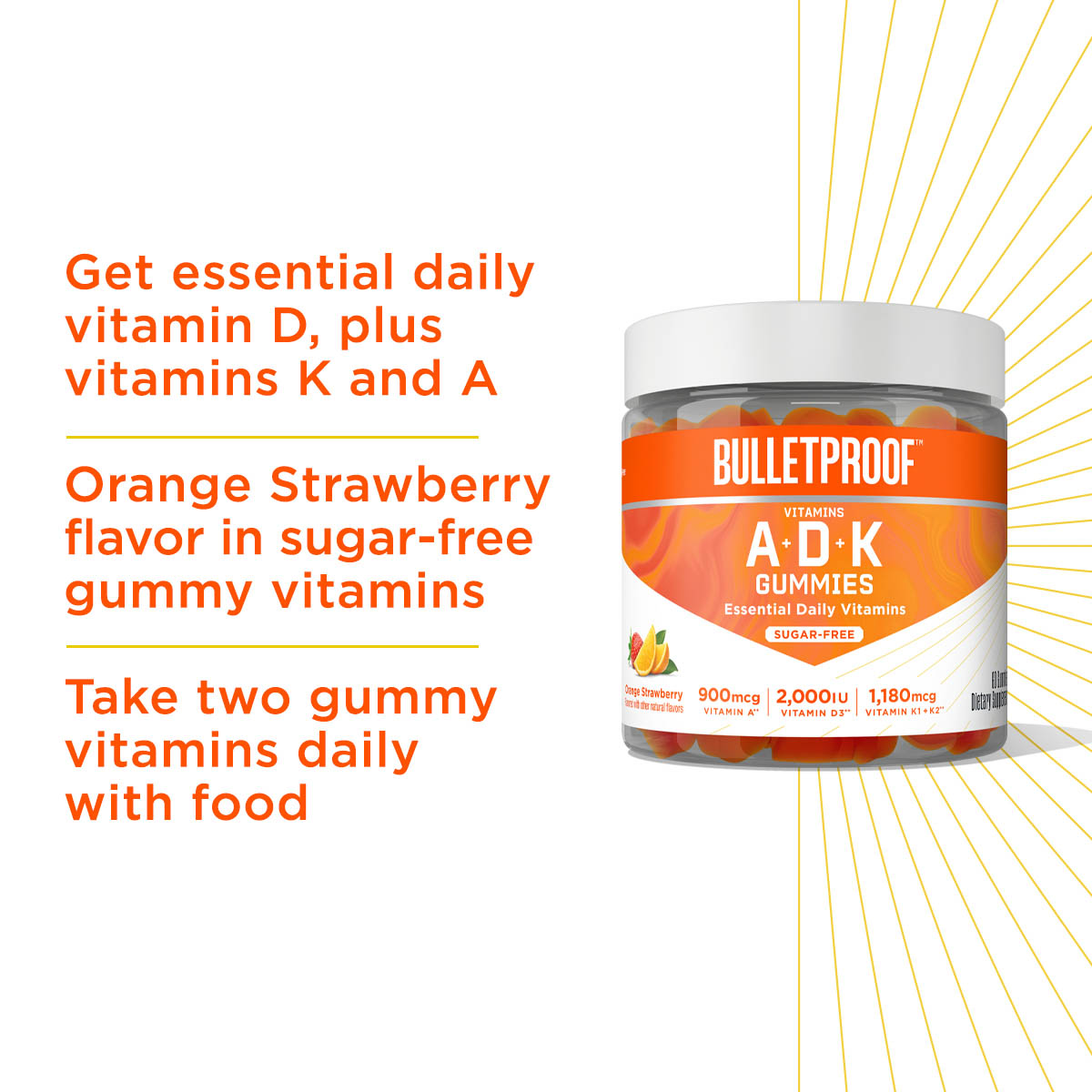 Bulletproof A+D+K Sugar-Free Orange Strawberry 60 Gummies Keto Supplement for Heart, Bone and Immune Support