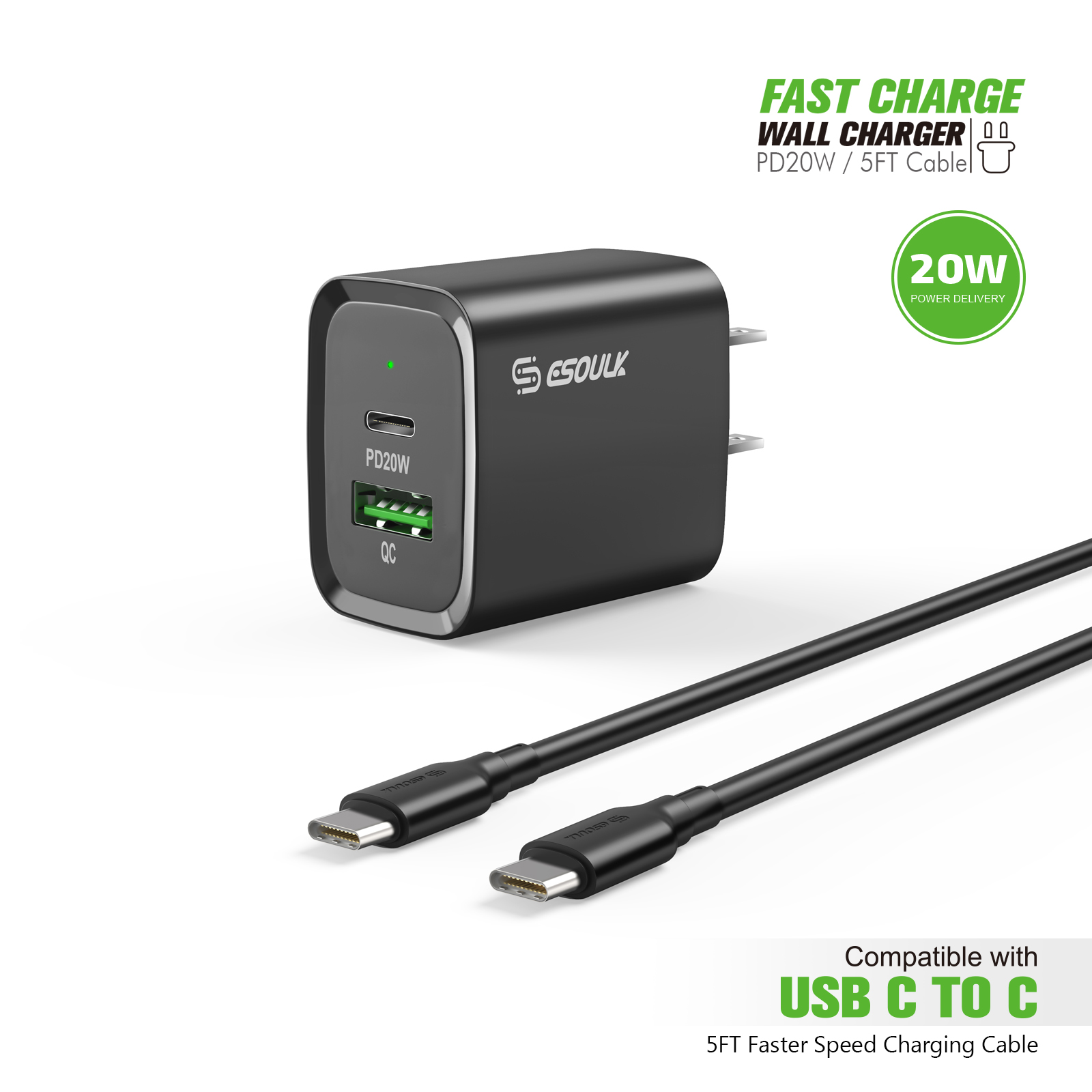 20W USB-C PD 3.0 Power Delivery + 18W Quick Charge 3.0 Fast Wall Charger + USB-C Cable - Black