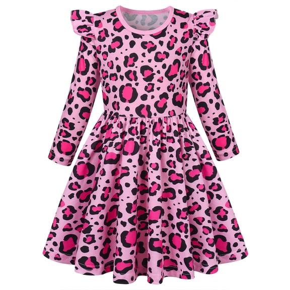 AmzBarley Little Girls Ruffle Long‑Sleeve Dress, Pink Leopard Print Swing Casual Party Dress for Kids 6-7 Years