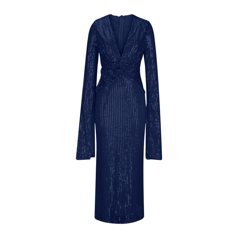 Women Semi Formal Dresses Women's V Neck Wedding Party Regular Fit Long  Sleeve Sequins Cocktail Dress Dark Blue,XL - Walmart.com