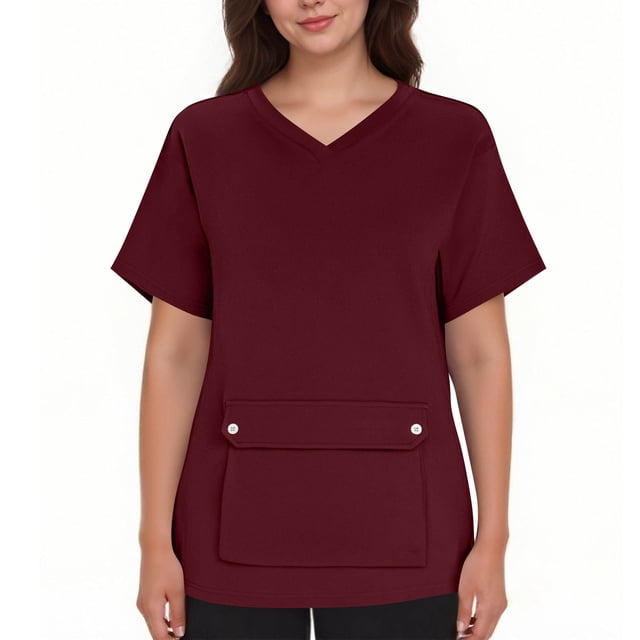 Ohufall Plus Size Scrubs for Women Stretch, Solid Color Scrub Tops - Front Pocket Design for Nurses & Healthcare Workers