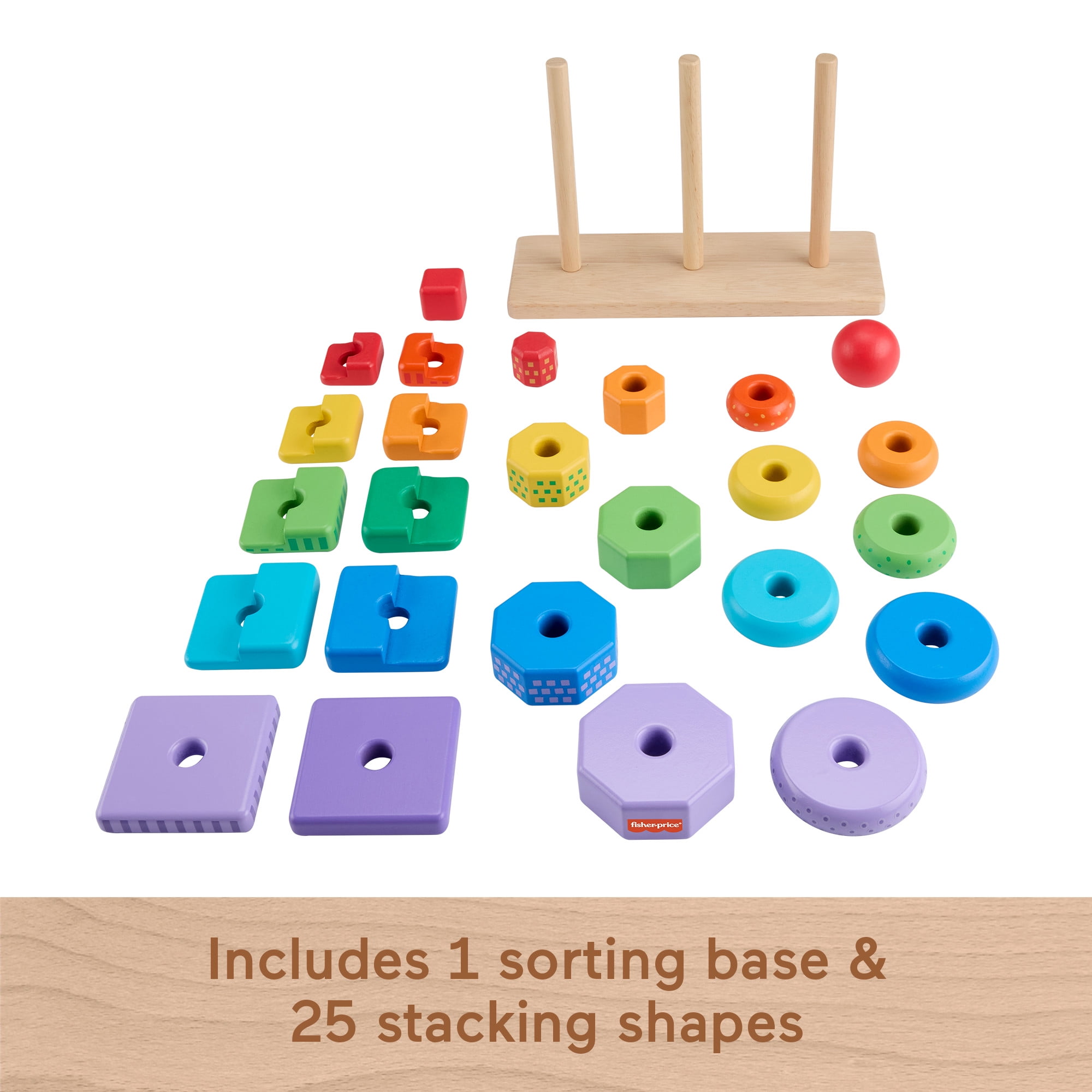 Fisher-Price Wooden Rainbow Stacking Shape Sorter, Fine Motor Toy for Toddlers, 26 Wood Pieces