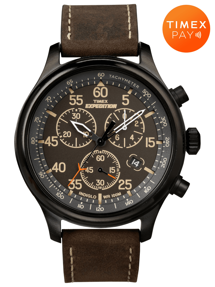 Timex Men's Expedition Field Chrono 43mm Watch with Timex Pay Contactless Payment – Black Dial & Case Brown Leather Strap Walmart.com