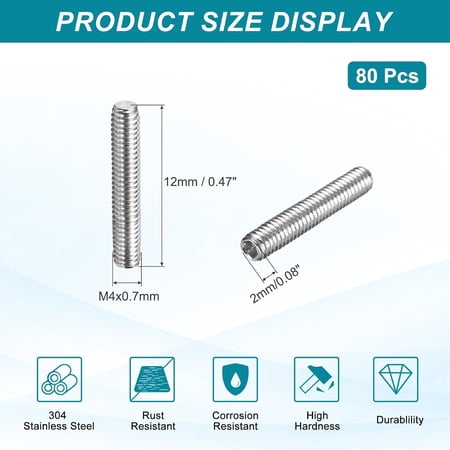 XZHANH-80 Pcs M4-0.7 x 12mm Grub Screws 304 Stainless Steel Cup Point Allen Head Screws Internal Hex Socket Drive for Bathroom Fixtures Repair Furniture DIY Project
