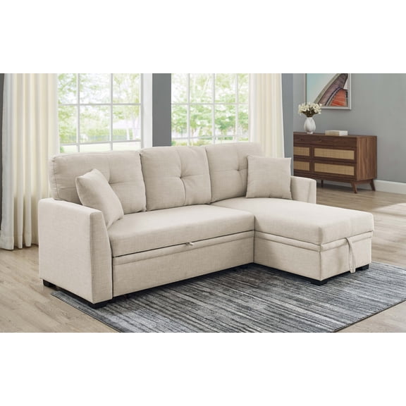 DEALTOPS L-Shaped Sectional Sofa Bed with Reversible Storage Chaise, Pull-Out Sleeper Couch for Living Room, Almond