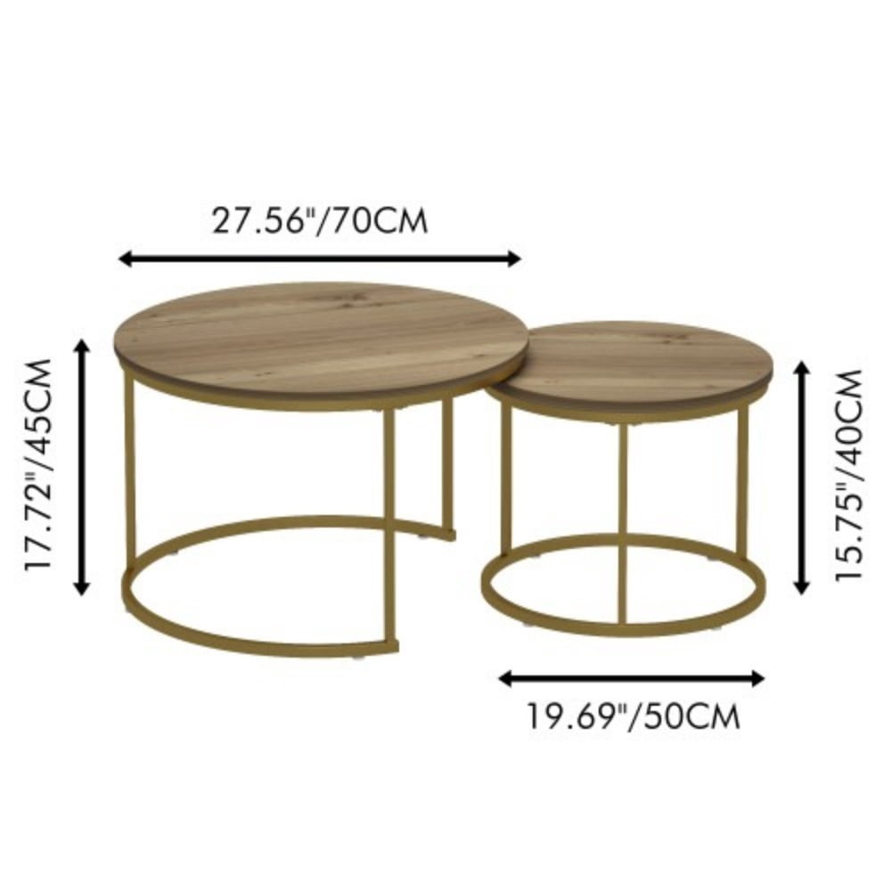 27.6" Nesting Coffee Table Set of 2, Round Wood Marble Pattern Top with Sturdy Metal Frame, Stackable End Tables for Living Room, Bedroom, Office, Brown & Gold
