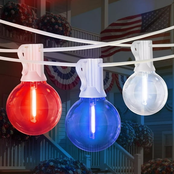 26Ft LED G40 Red White and Blue Lights Outdoor 4th of July Lights with12 1 Shatterproof Bulbs for Patriotic Decor in Yard Garden Patio - Light up Memorial Day 4th of July Decorations Outdoor