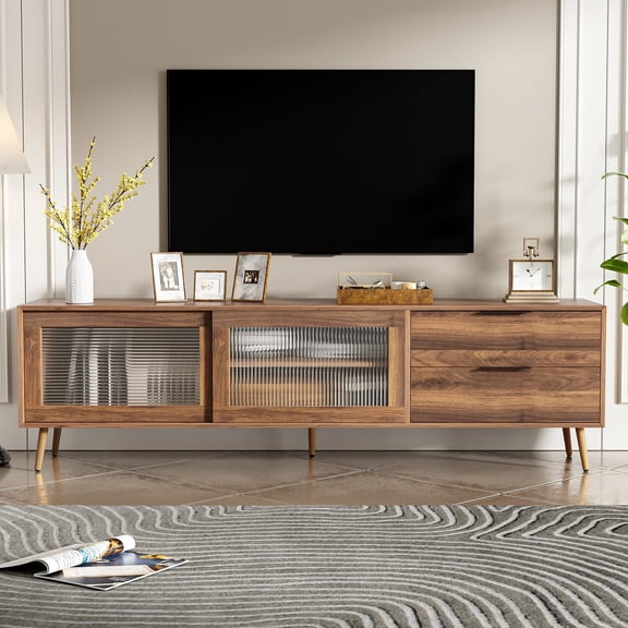 Modern TV Stand for 75 Inch  TV, TV Console with 2 Glass Doors, Entertainment Center with 2 Drawers & Storage Cabinet, 70 Inch Media Console Table for Living Room Bedroom