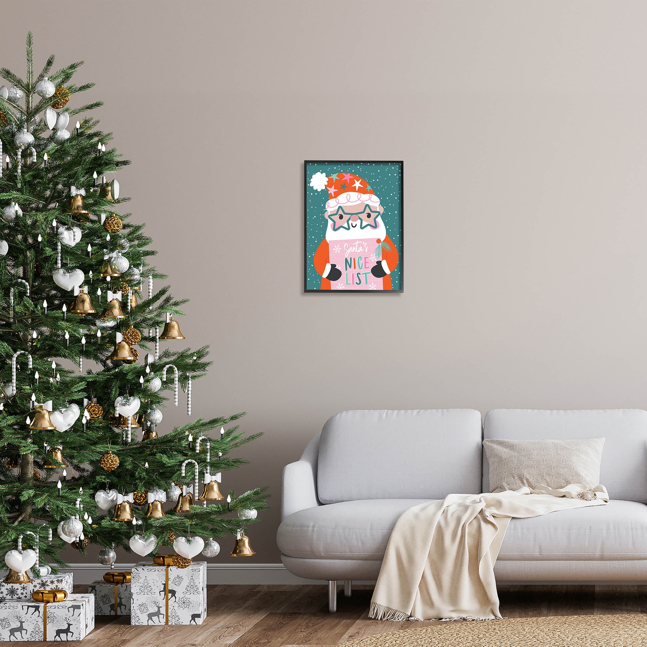 Santa's Nice List Falling Snow Holiday Graphic Art Black Framed Art Print Wall Art