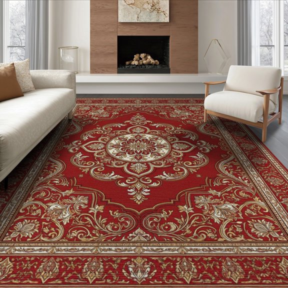 ODIKA 8'x10' Washable Area Rug Non-Shedding, Easy Care, Vintage Web Featuring Ornate Spandrels Border Bands Carpect Deepburgundy for King Size Bedroom Under Bed, Master Suite