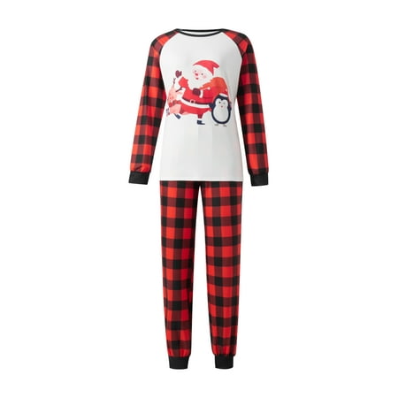 

Eyicmarn Family Matching Christmas Pajamas Baby Romper/Santa Penguin Elk Print Long Sleeve Tops + Plaid Long Pants Sleepwear Set