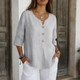 thumbnail image 5 of Boho Summer Linen Shirts for Women Button Down V Neck 3/4 Sleeve T-Shirt Blouse Casual Loose Basic Solid Tunic Tops Light Gray XL, 5 of 7