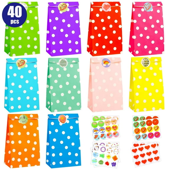 Abaima 40 Pcs Kids Party Favor Bags with Stickers, 9x5x3 Inch Polka Dot Goody Bag Sealable, Candie Gift Bags Bulk, Wrapped Treat Bag for Christmas, Birthday Party
