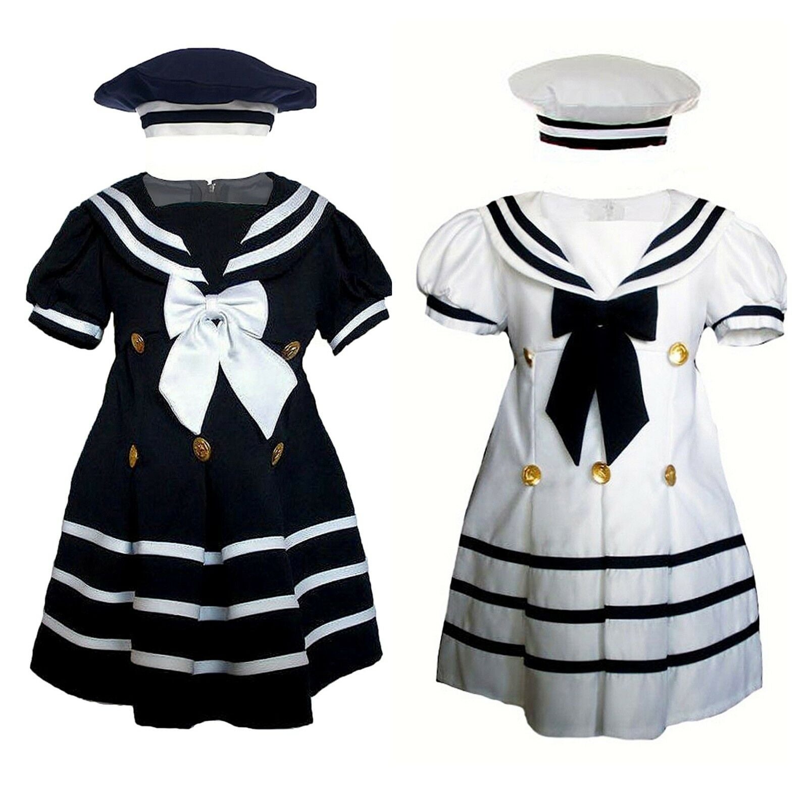 Baby Girl Toddler Formal Nautical Sailor Dress Navy Blue with Hat Size:24M 4T 