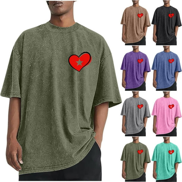 RKSTN Men's Valentine's Day T Shirts Oversized Crewneck Cotton Valentine Print Short Sleeves Shirts Tops Mens Casual Solid Round Neck Sport Washed Distressed T-Shirt Loose Comfy Tee Shirts Blouses