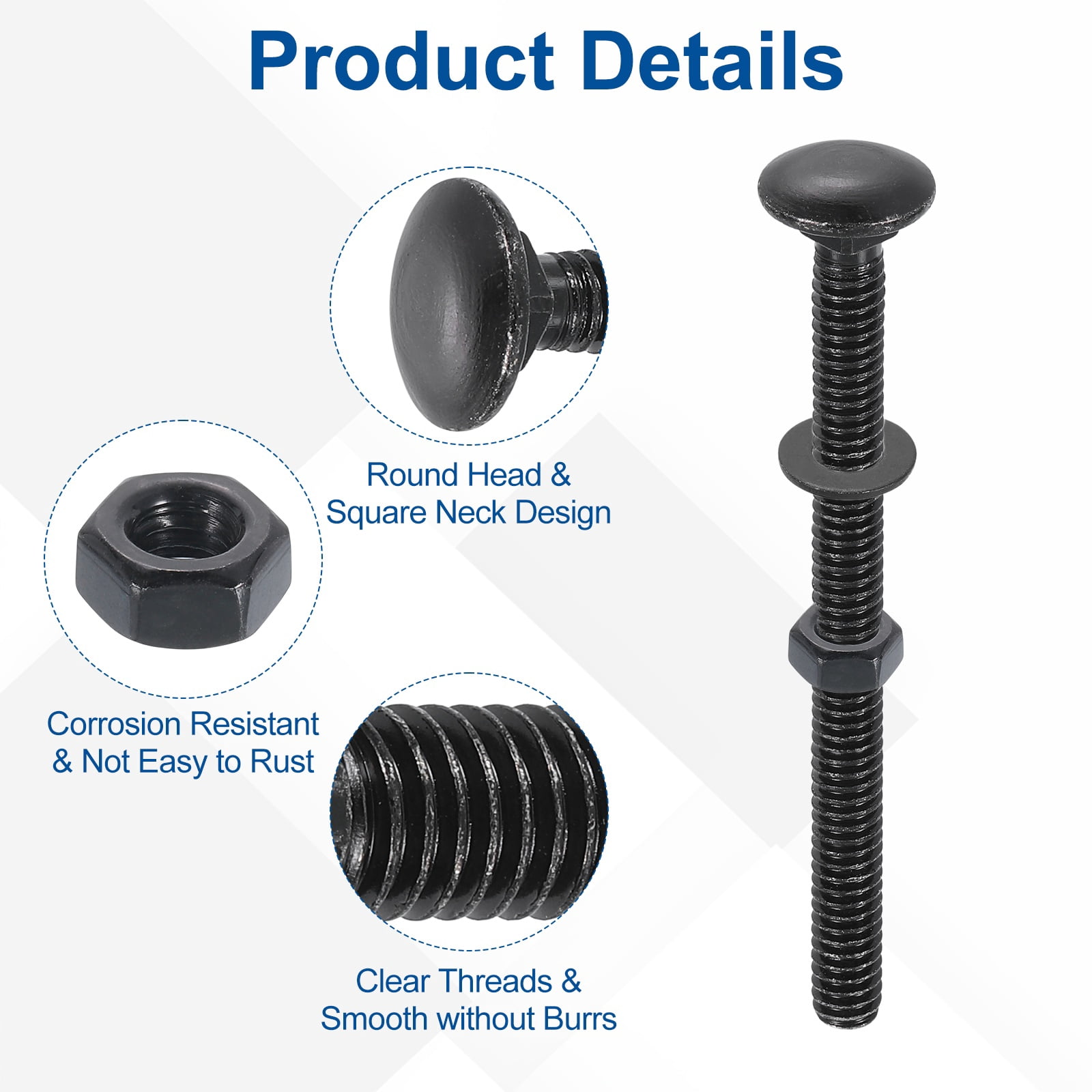 25 Set Carriage Bolts and Nuts Kit, 1/4"-20x2-1/2" Stainless Steel 304 Round Head Square Neck Carriage Bolts Screws and Hex Nuts and Flat Washers - Black