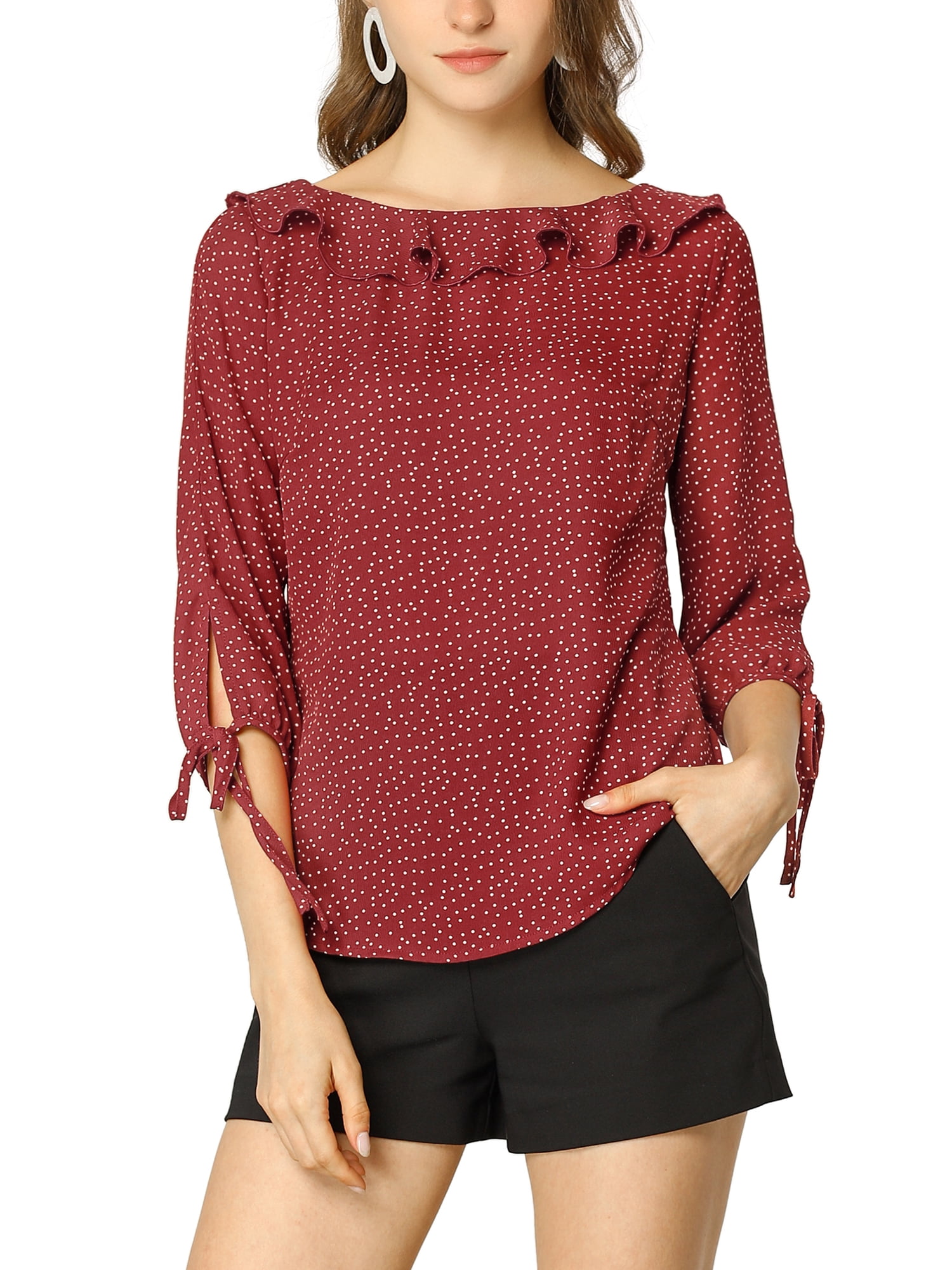 DARING DIVA Polka Dots Ruffled Neck 3/4 Sleeve Blouse Top M Wine Red