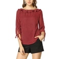 thumbnail image 5 of MODA NOVA Junior's Ruffled Neck Half Sleeve Polka Dots Blouse Tops Wine Red XL, 5 of 6